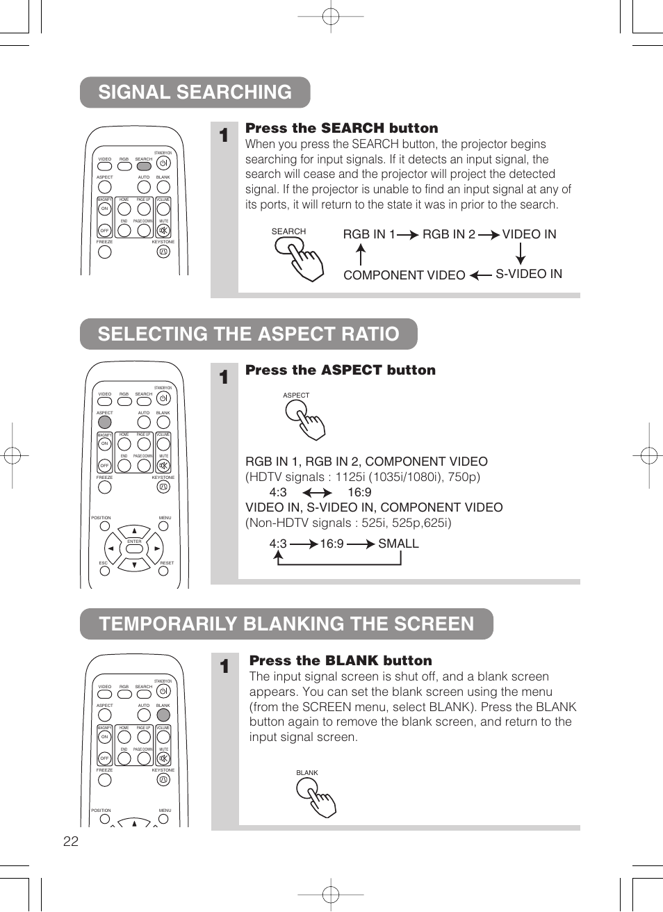Press the search button, Press the aspect button, Press the blank button | Dukane 8062 User Manual | Page 23 / 60