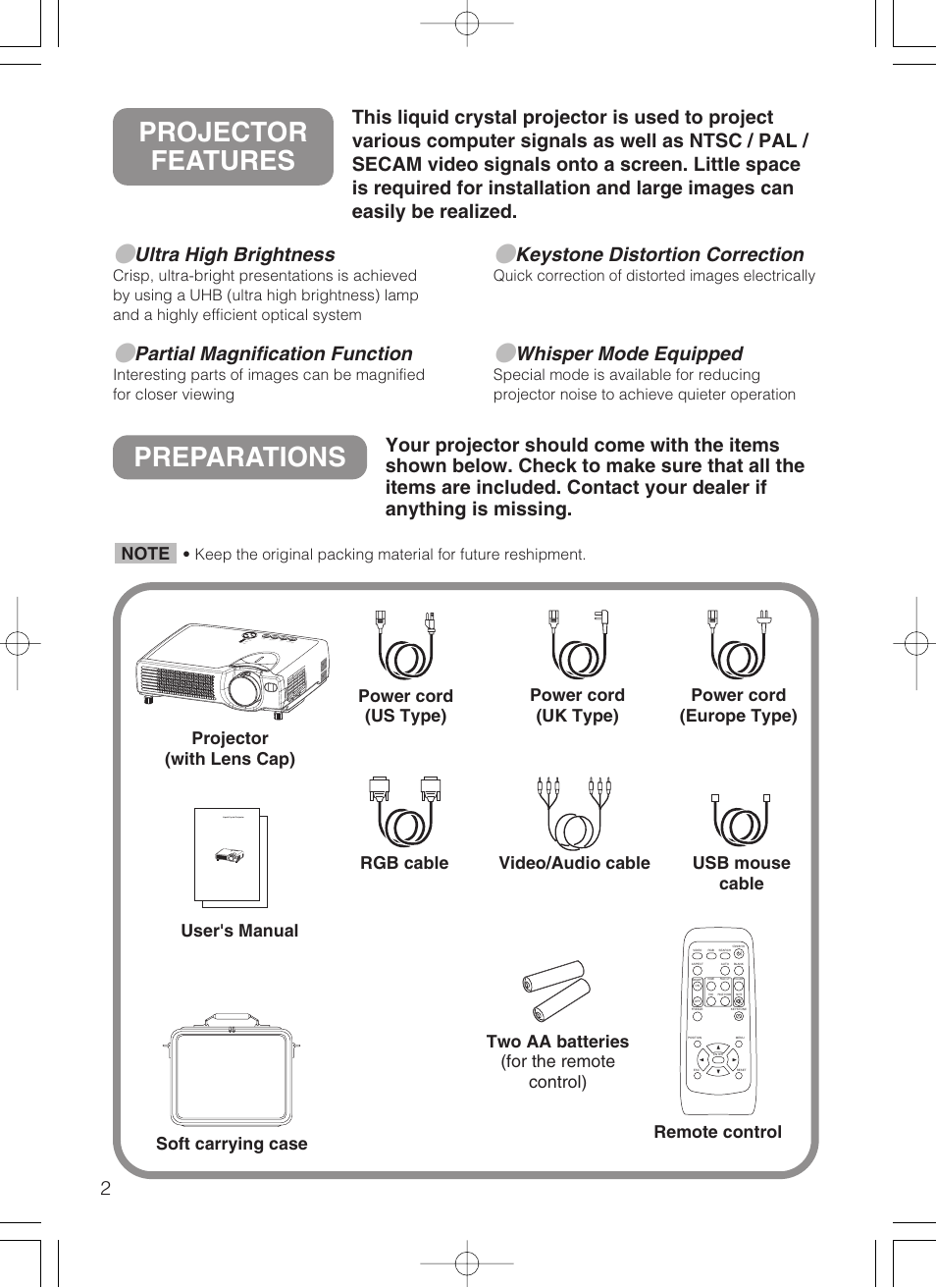 Preparations, Projector features, Ultra high brightness | Partial magnification function, Keystone distortion correction, Whisper mode equipped, Projector (with lens cap), Quick correction of distorted images electrically | Dukane 8062 User Manual | Page 3 / 60