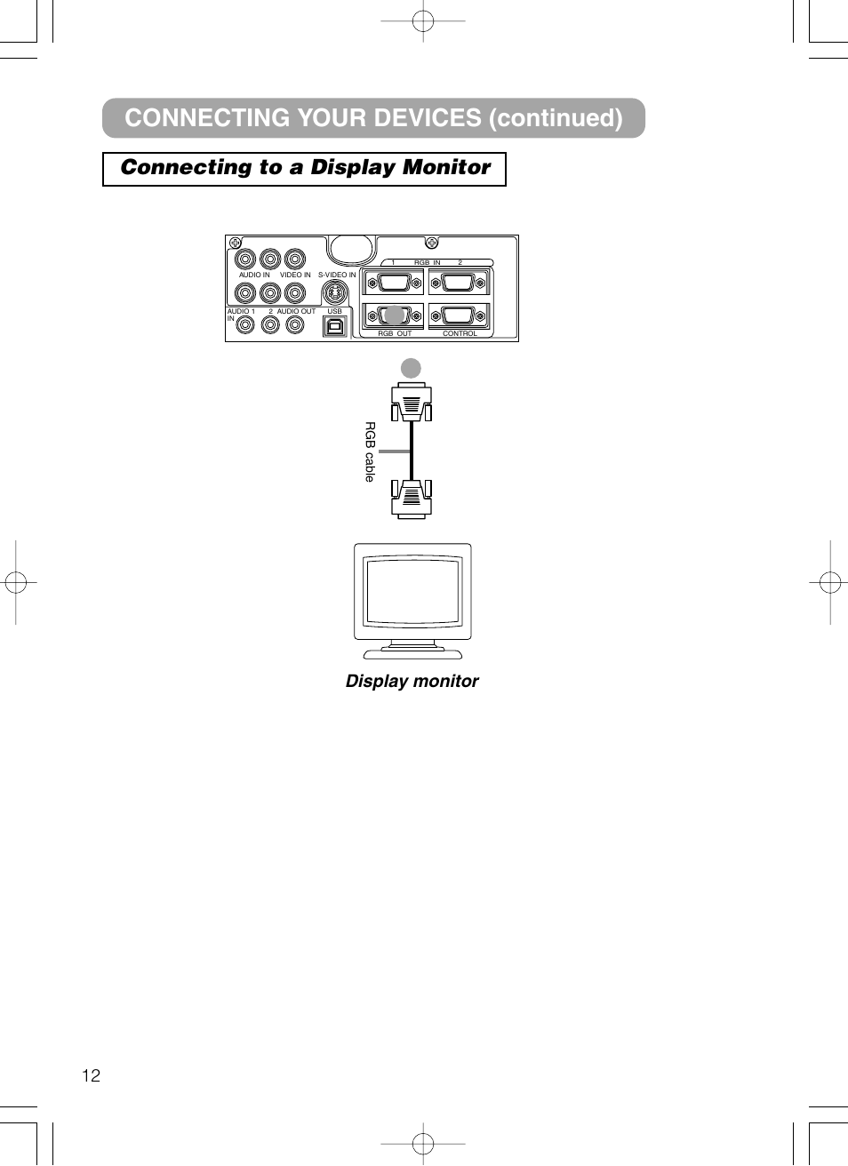 Connecting your devices (continued), Connecting to a display monitor, Display monitor | Dukane 28A8801A User Manual | Page 20 / 62