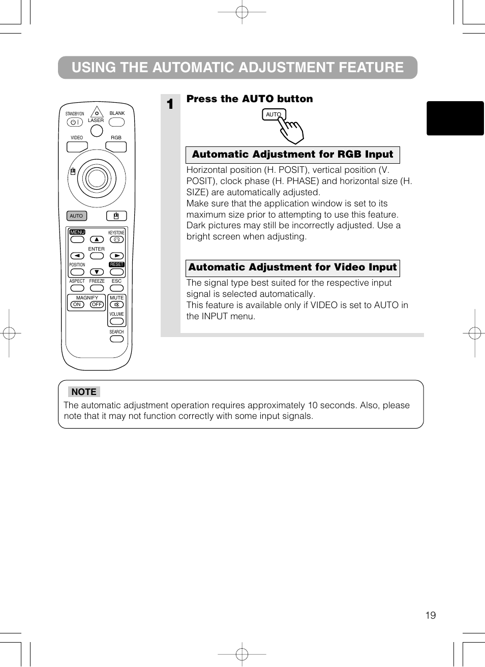 1using the automatic adjustment feature, Press the auto button | Dukane 28A8801A User Manual | Page 27 / 62