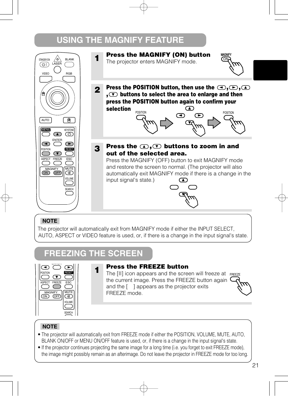 Using the magnify feature freezing the screen 1, Press the magnify (on) button, Press the position button, then use the | Press the, Buttons to zoom in and out of the selected area, Press the freeze button | Dukane 28A8801A User Manual | Page 29 / 62