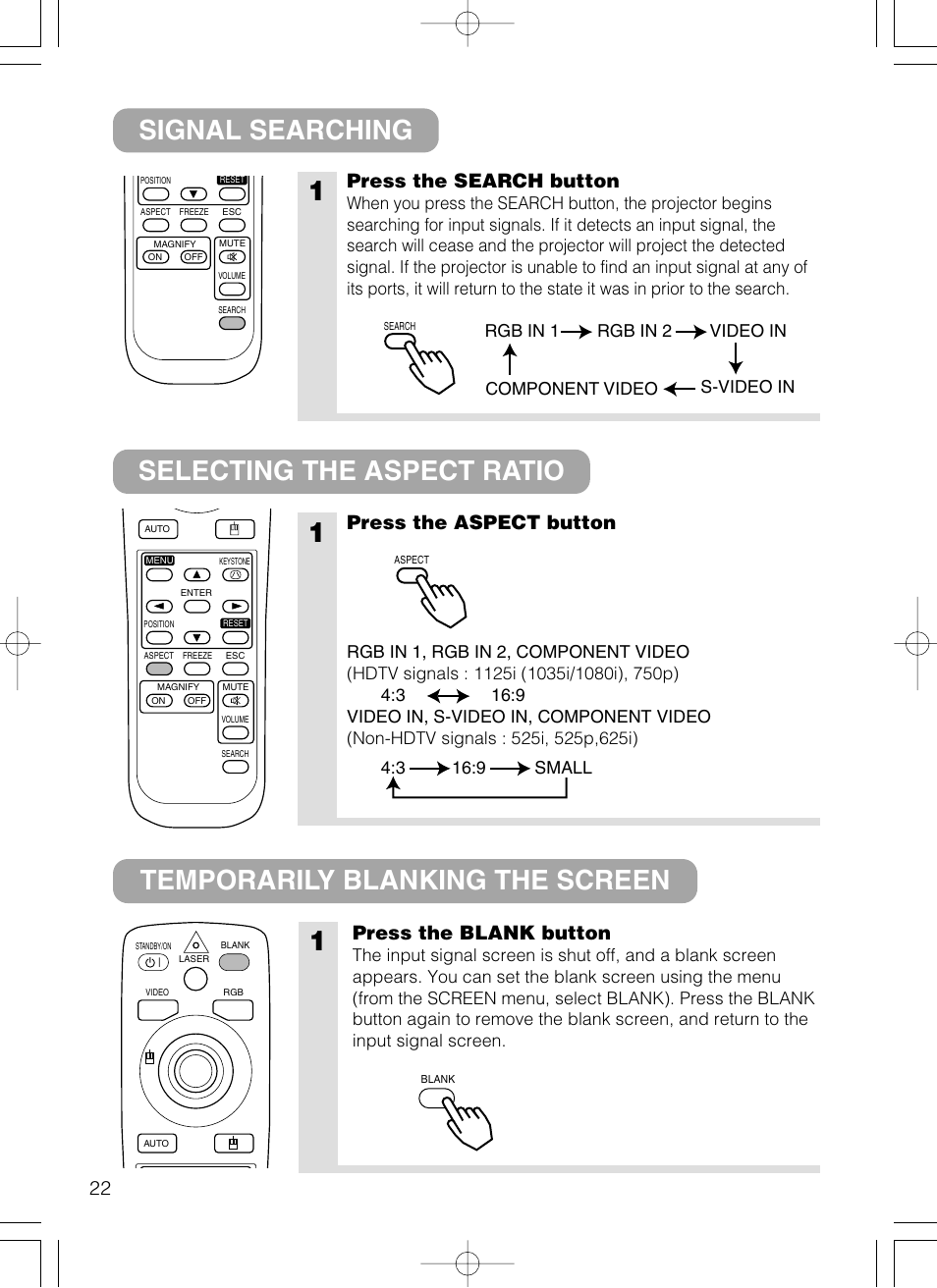 Press the search button, Press the aspect button, Press the blank button | Dukane 28A8801A User Manual | Page 30 / 62