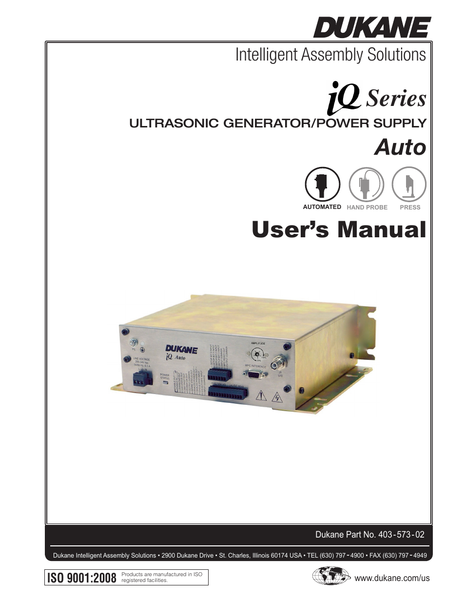 Dukane ULTRASONIC GENERATOR/POWER SUPPLY 403-573-02 User Manual | 58 pages