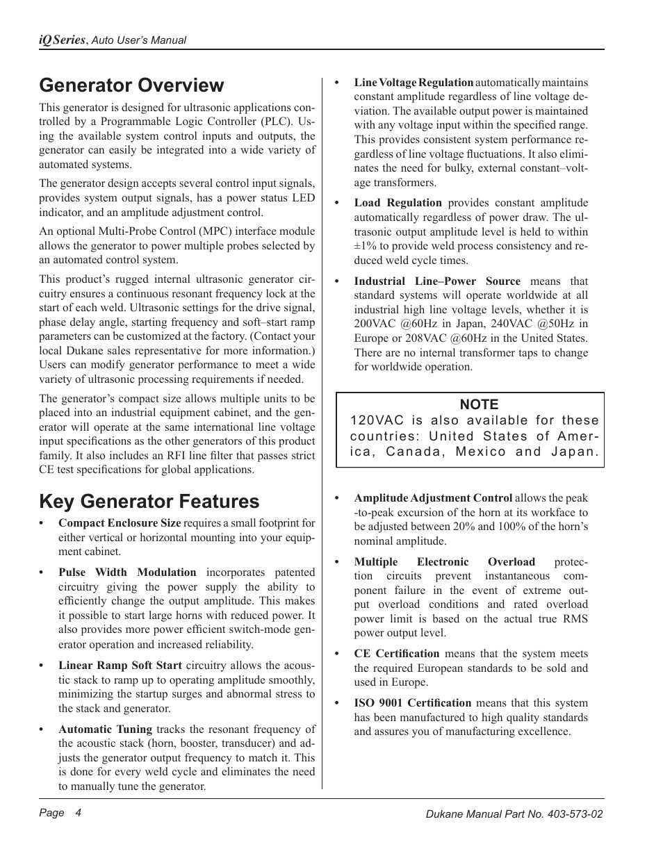 Generator overview, Key generator features | Dukane ULTRASONIC GENERATOR/POWER SUPPLY 403-573-02 User Manual | Page 10 / 58