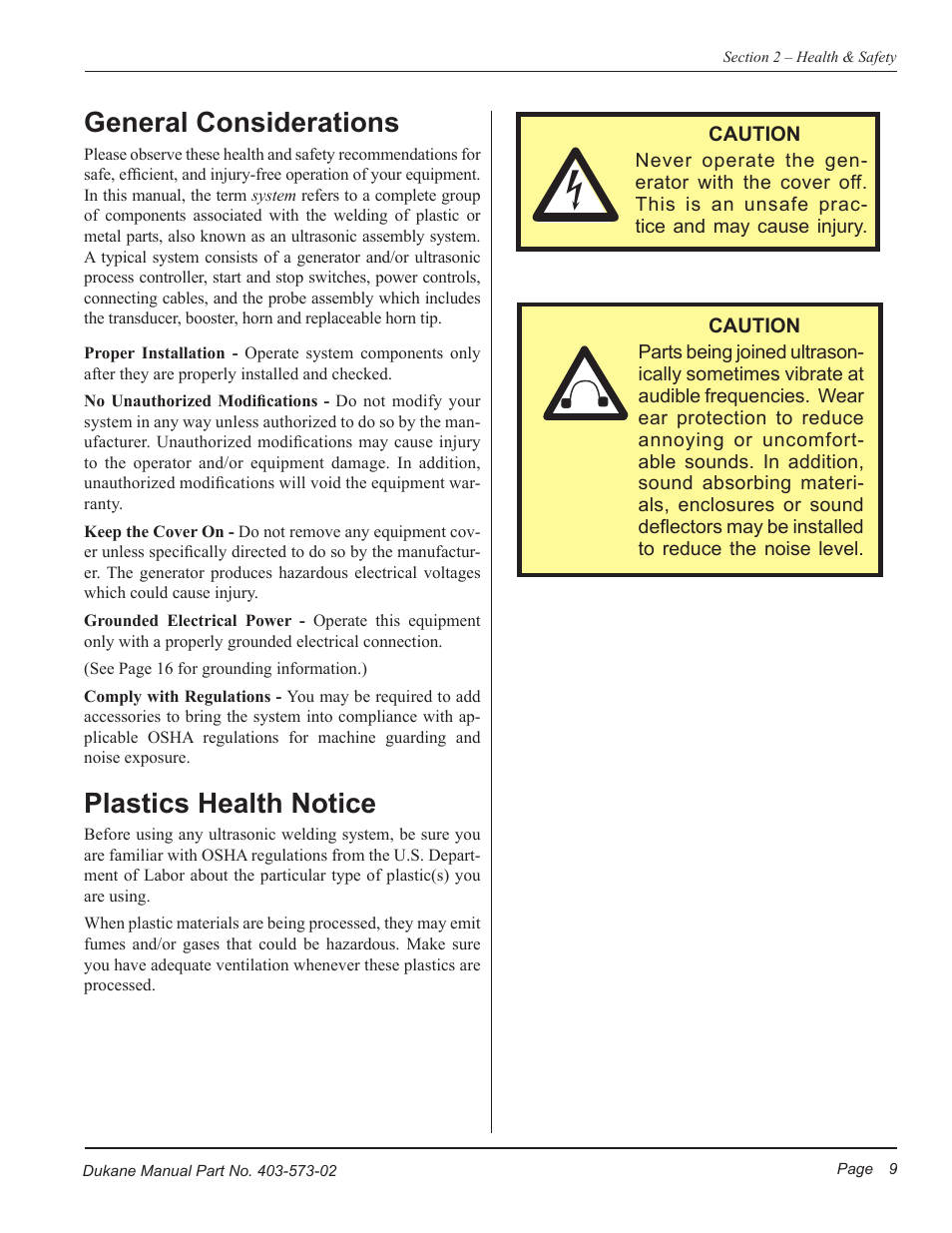 General considerations, Plastics health notice | Dukane ULTRASONIC GENERATOR/POWER SUPPLY 403-573-02 User Manual | Page 15 / 58