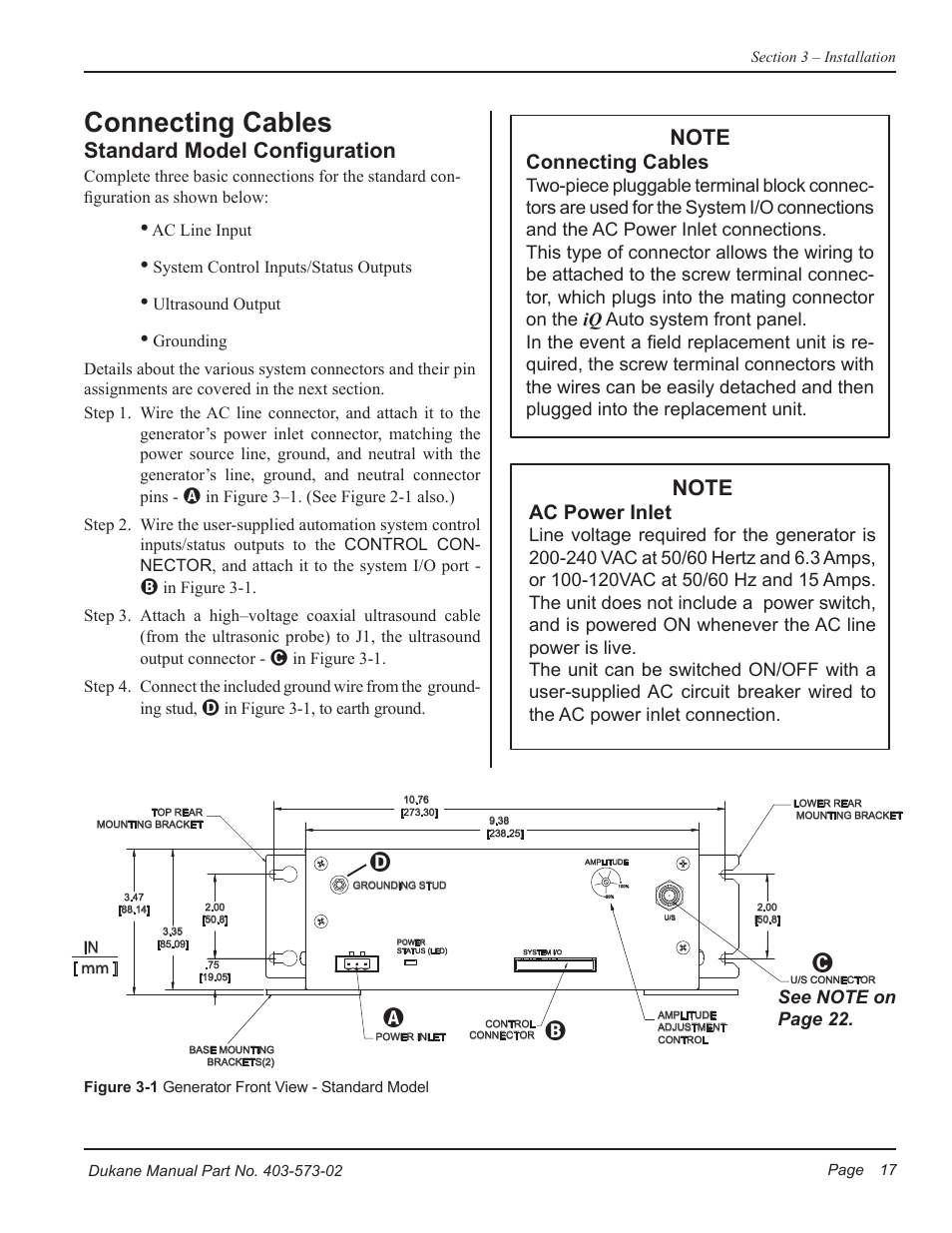 Connecting cables, Standard model configuration, Ac power inlet | Dukane ULTRASONIC GENERATOR/POWER SUPPLY 403-573-02 User Manual | Page 23 / 58