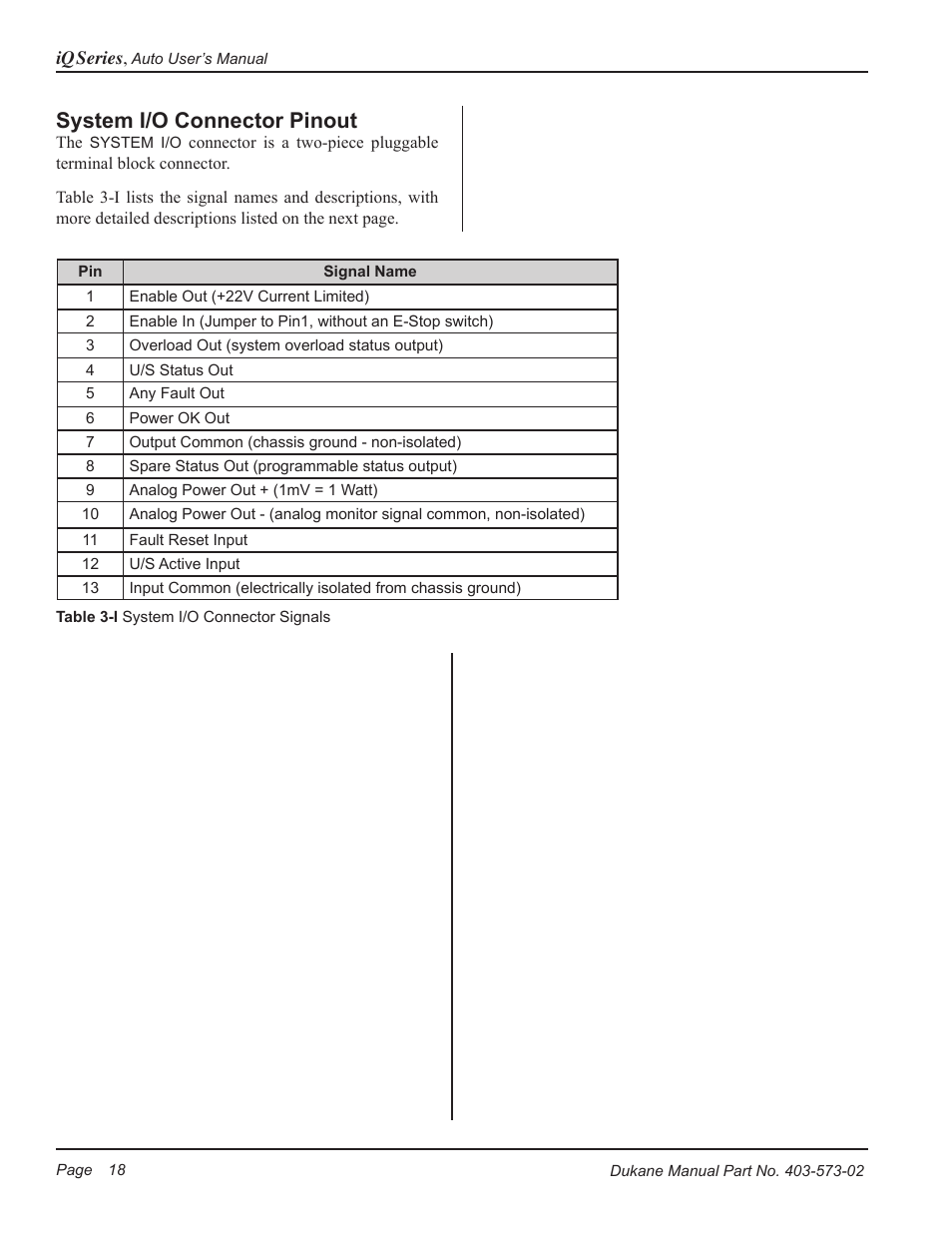 System i/o connector pinout | Dukane ULTRASONIC GENERATOR/POWER SUPPLY 403-573-02 User Manual | Page 24 / 58