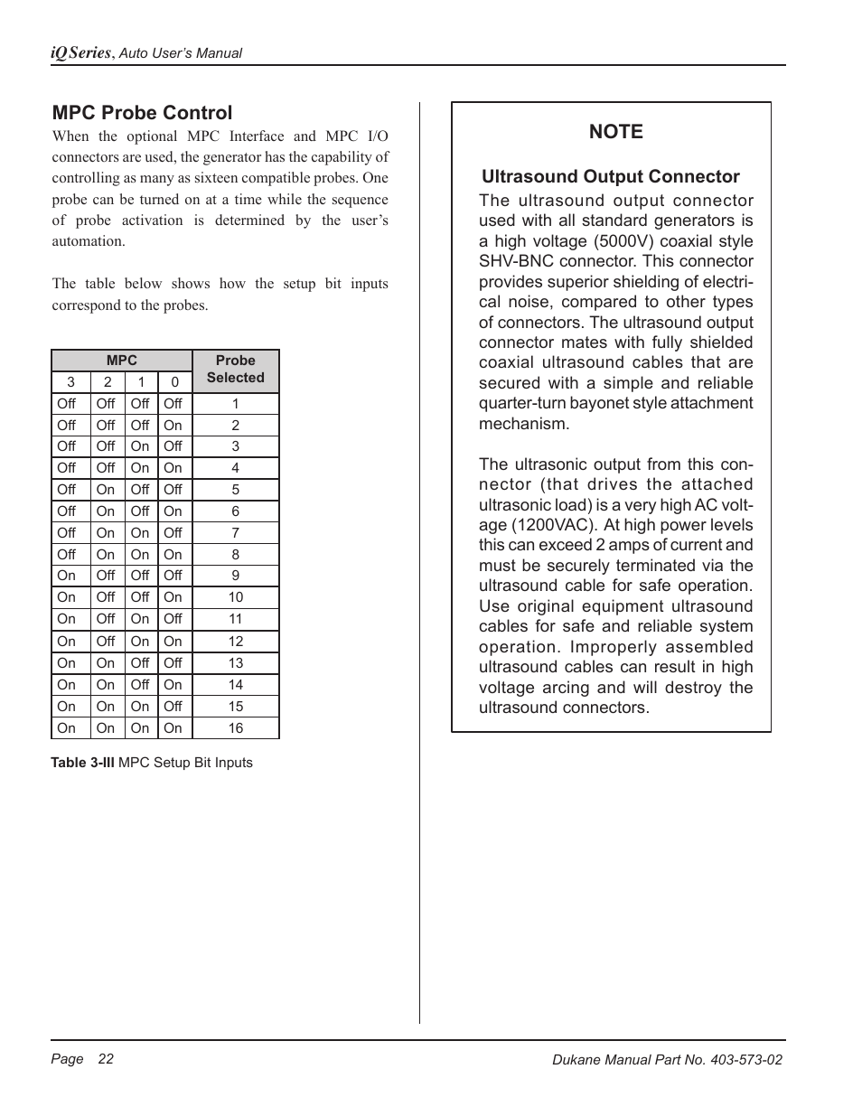 Mpc probe control, Ultrasound output connector | Dukane ULTRASONIC GENERATOR/POWER SUPPLY 403-573-02 User Manual | Page 28 / 58