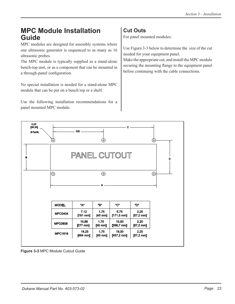 Mpc module installation guide, Cut outs | Dukane ULTRASONIC GENERATOR/POWER SUPPLY 403-573-02 User Manual | Page 29 / 58