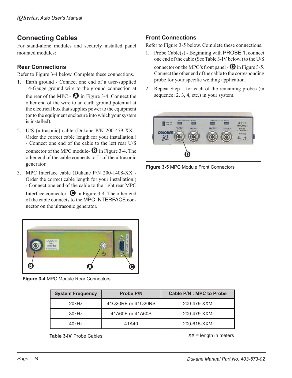 Connecting cables, Ca b | Dukane ULTRASONIC GENERATOR/POWER SUPPLY 403-573-02 User Manual | Page 30 / 58