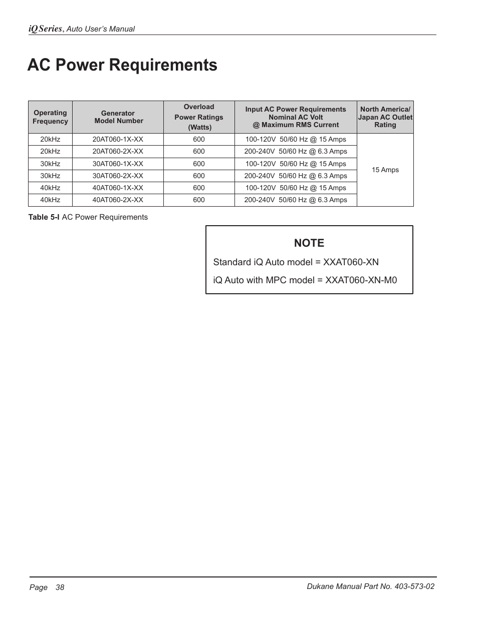 Ac power requirements | Dukane ULTRASONIC GENERATOR/POWER SUPPLY 403-573-02 User Manual | Page 44 / 58