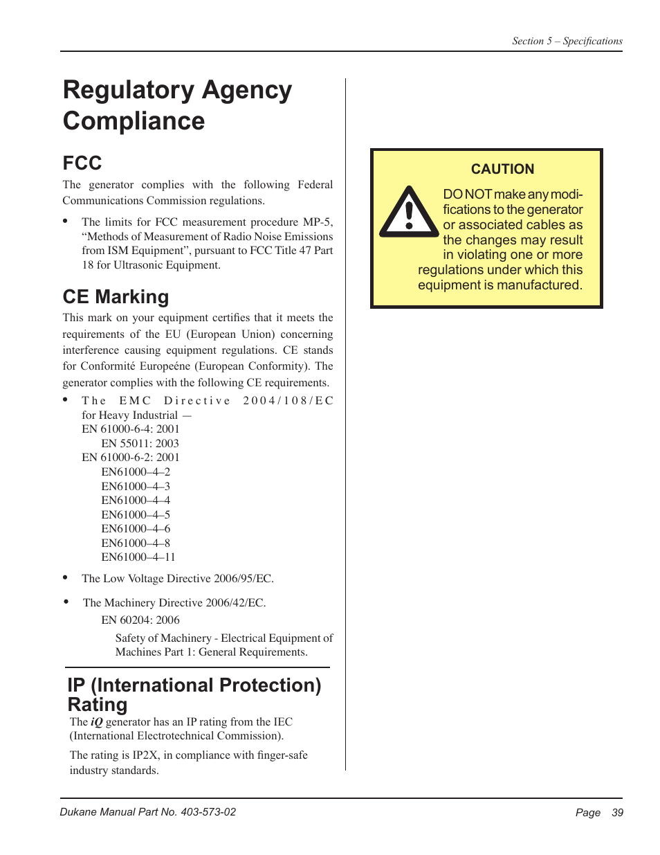 Regulatory agency compliance, Ce marking, Ip (international protection) rating | Dukane ULTRASONIC GENERATOR/POWER SUPPLY 403-573-02 User Manual | Page 45 / 58