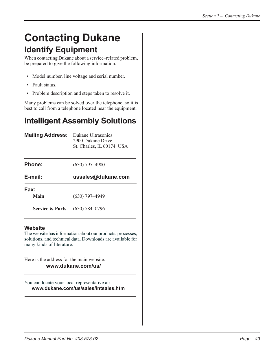 Contacting dukane, Identify equipment, Intelligent assembly solutions | Dukane ULTRASONIC GENERATOR/POWER SUPPLY 403-573-02 User Manual | Page 55 / 58
