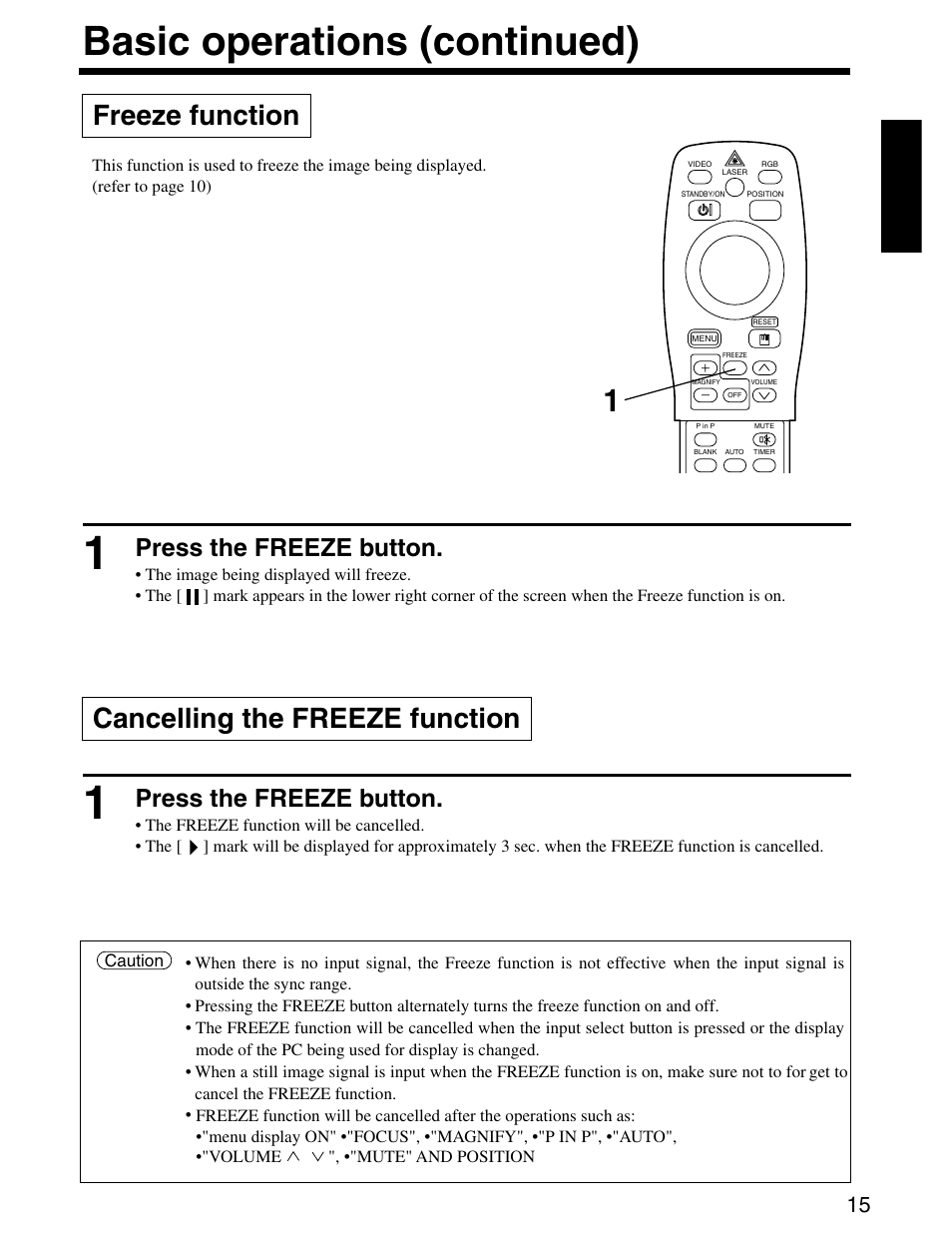 Basic operations (continued), Freeze function, Cancelling the freeze function | Press the freeze button | Dukane 28A8800A User Manual | Page 17 / 38