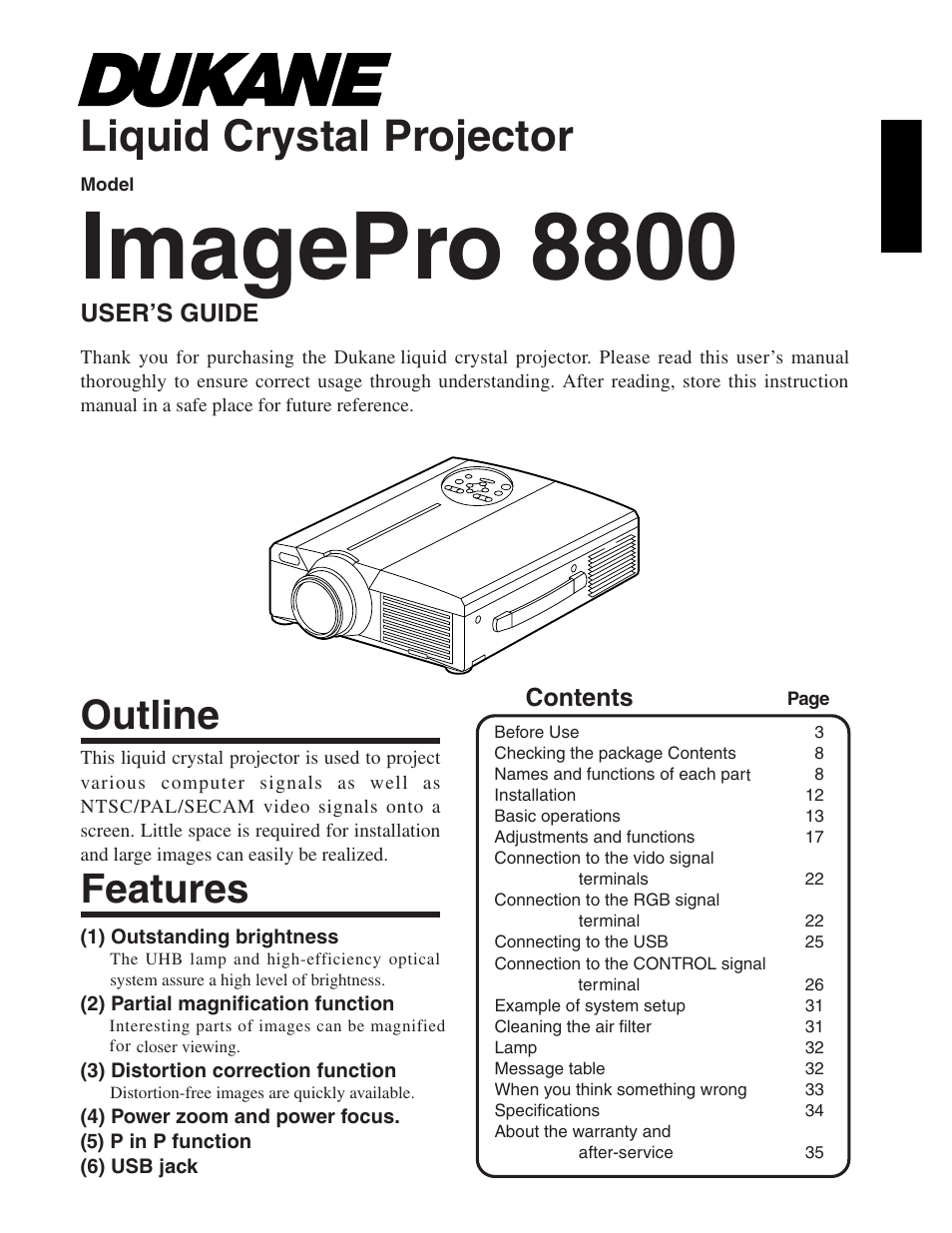 Imagepro 8800 a, Liquid crystal projector, Outline | Features | Dukane 28A8800A User Manual | Page 3 / 38