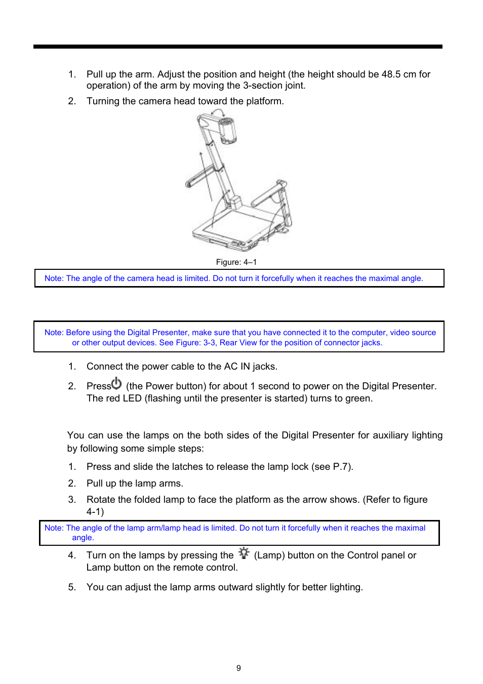 4__installation, Etting, P the | Igital, Resenter, Owering on the, Ositioning and, Urning on the, Amps | Dukane DVP303A User Manual | Page 11 / 22