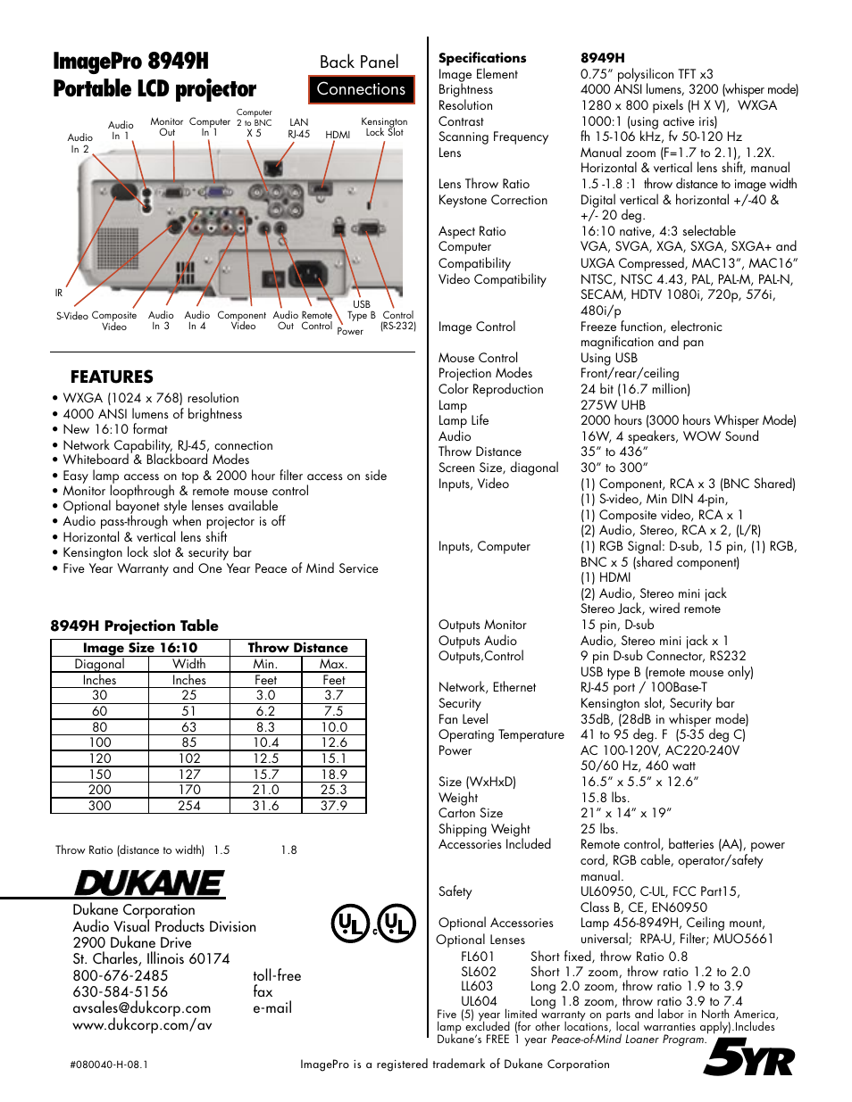 Imagepro 8949h portable lcd projector, Connections back panel, Features | Dukane ImagePro 8949H User Manual | Page 2 / 2