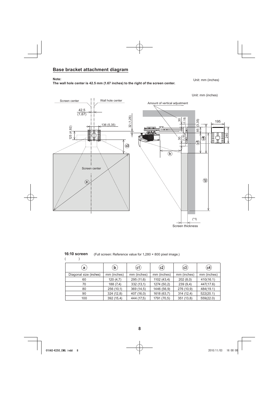Base bracket attachment diagram | Dukane LCD Data Video Projector 8104HW-WALLARM User Manual | Page 10 / 24