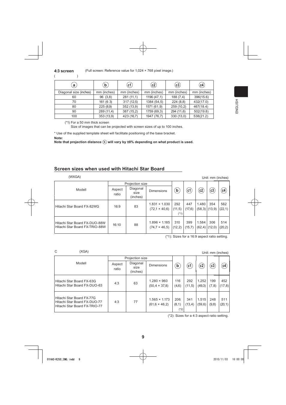 Screen sizes when used with hitachi star board | Dukane LCD Data Video Projector 8104HW-WALLARM User Manual | Page 11 / 24