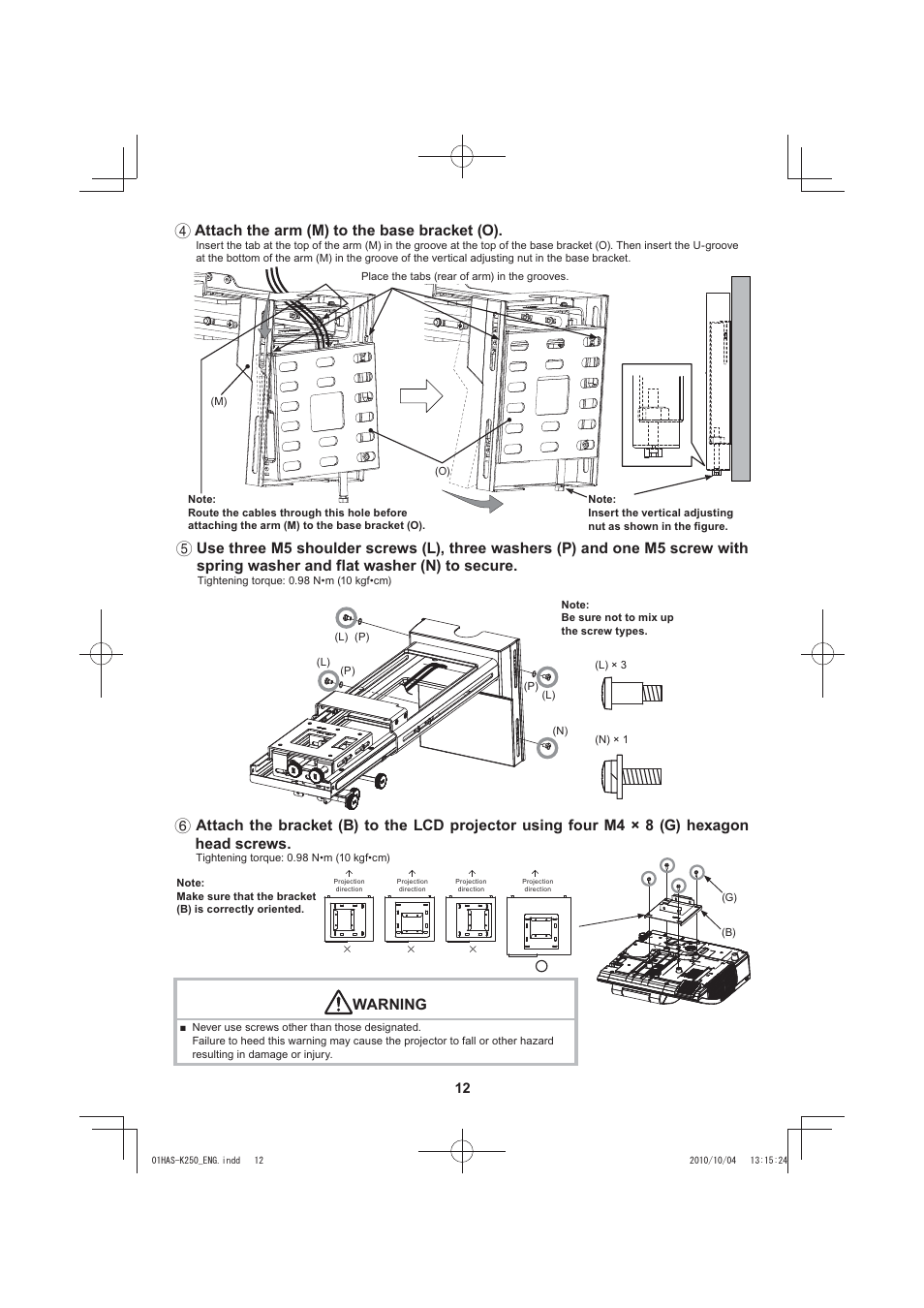 Attach the arm (m) to the base bracket (o), Warning | Dukane LCD Data Video Projector 8104HW-WALLARM User Manual | Page 14 / 24