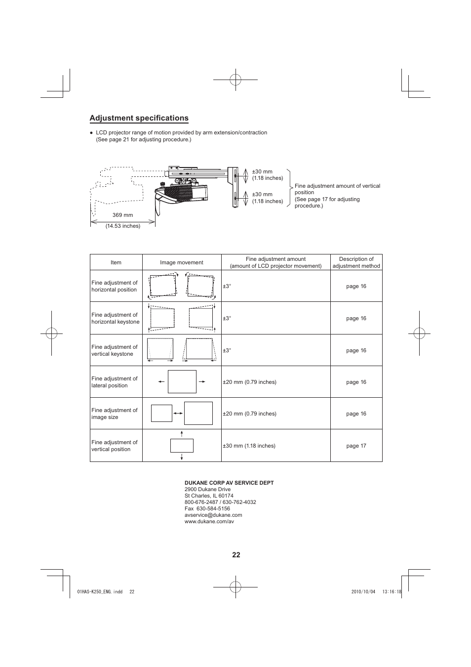 Adjustment speciﬁcations | Dukane LCD Data Video Projector 8104HW-WALLARM User Manual | Page 24 / 24