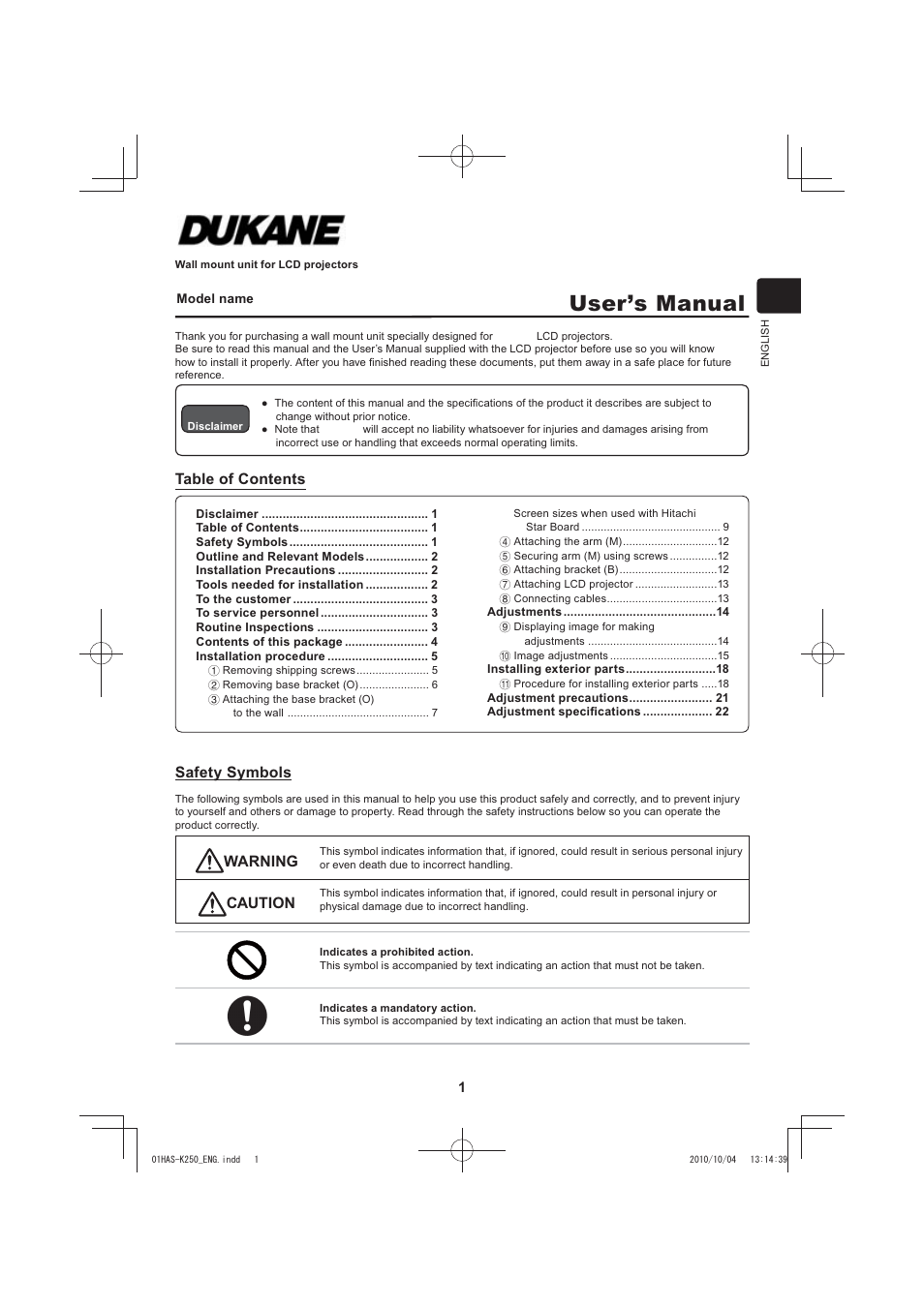 User’s manual, 8104hw-wallarm | Dukane LCD Data Video Projector 8104HW-WALLARM User Manual | Page 3 / 24