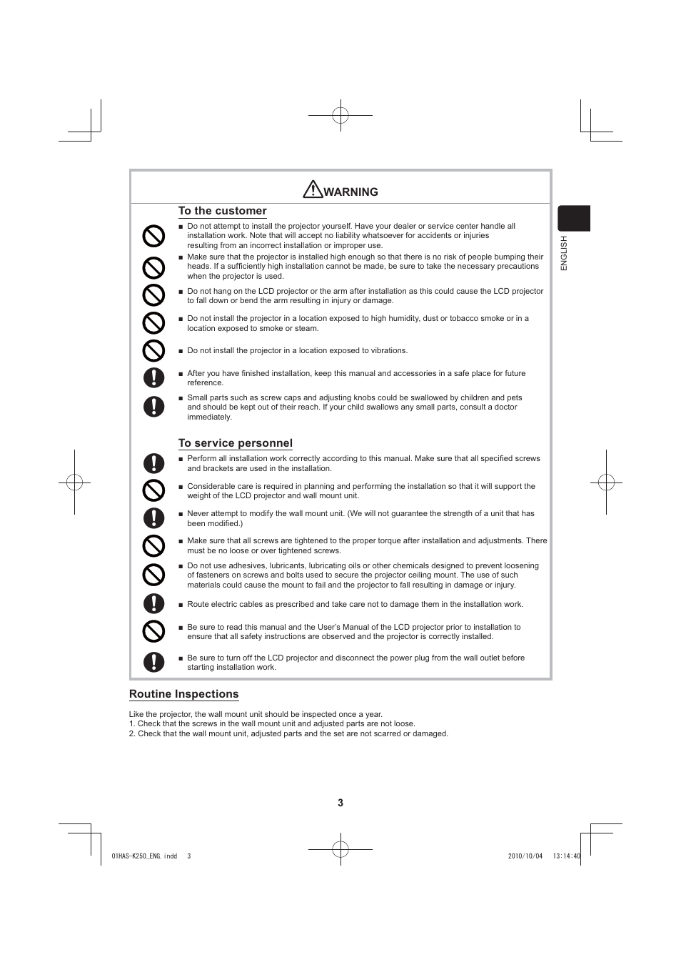 Warning to the customer, Routine inspections | Dukane LCD Data Video Projector 8104HW-WALLARM User Manual | Page 5 / 24
