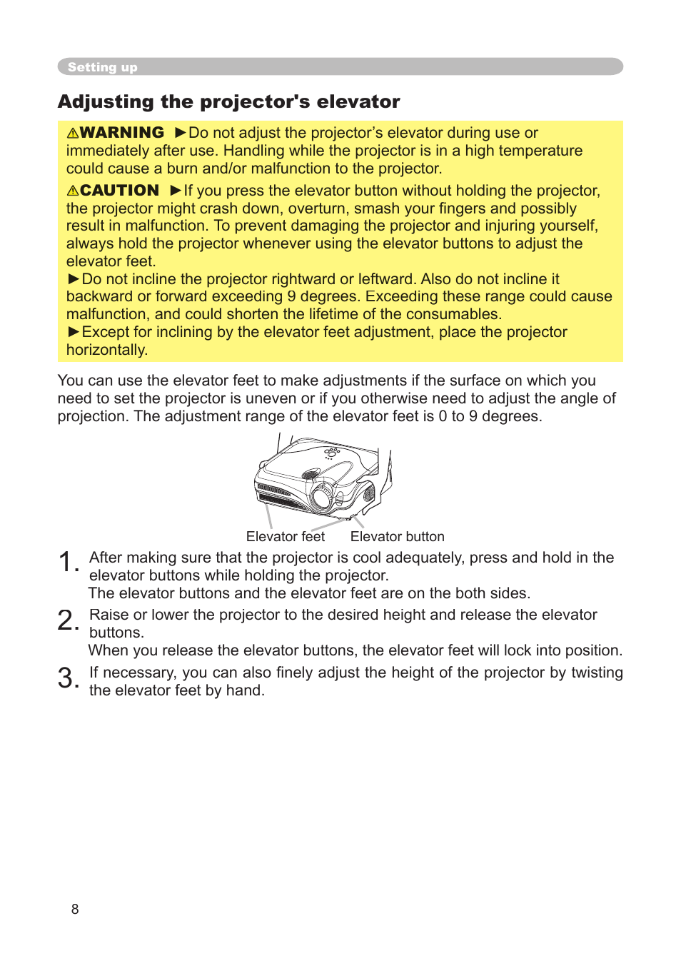 Adjusting the projector's elevator, Elevator foot, Elevator button | Dukane 8914 User Manual | Page 10 / 68