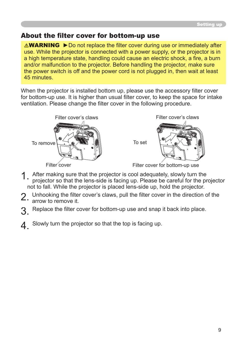 About the ﬁ lter cover for bottom-up use, Filter cover | Dukane 8914 User Manual | Page 11 / 68