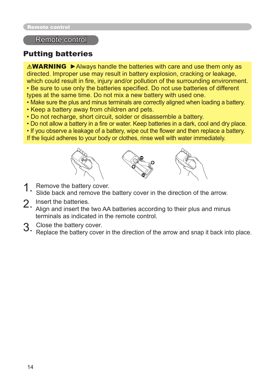 Remote control, Loading batteries, Battery cover | Dukane 8914 User Manual | Page 16 / 68