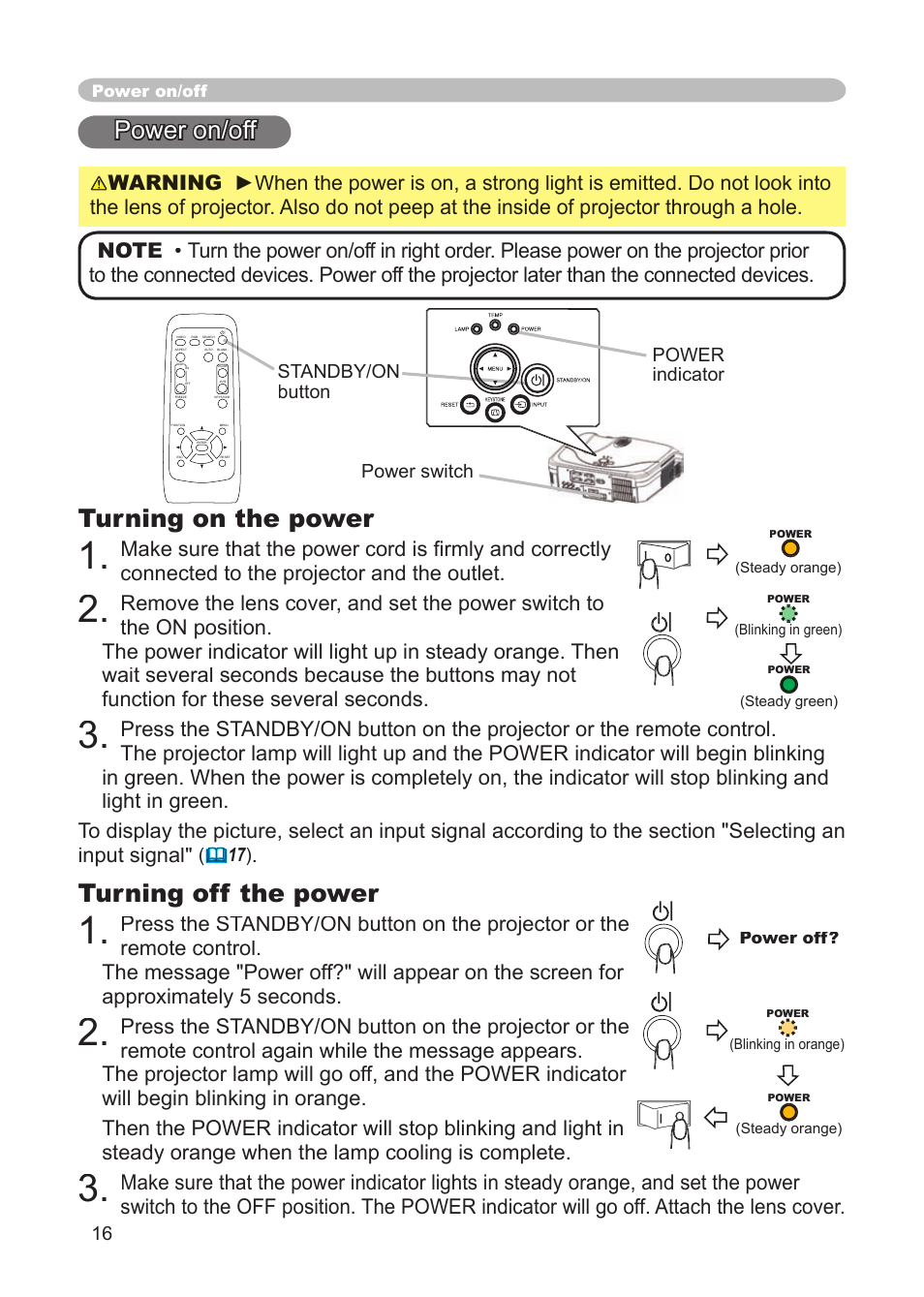Power on/off, Turning on the power, Turning off the power | Lens, Power switch, Andby/on button | Dukane 8914 User Manual | Page 18 / 68