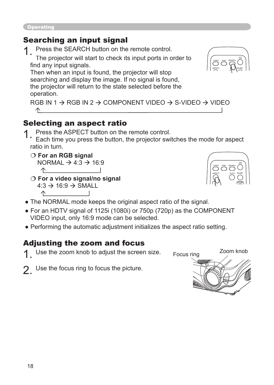 Selecting an aspect ratio, Adjusting the zoom and focus, Zoom knob | Focus ring, Search button, Button, Searching an input signal, Use the zoom knob to adjust the screen size, Use the focus ring to focus the picture, Zoom knob focus ring | Dukane 8914 User Manual | Page 20 / 68