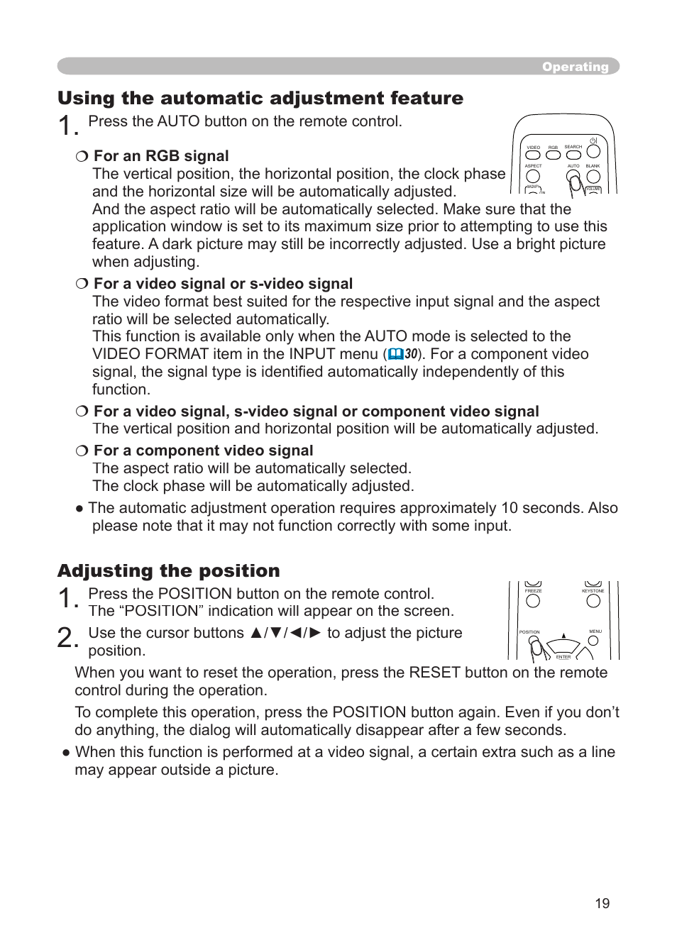 Using the automatic adjustment feature . 19, Adjusting the position, Position button | O button, Using the automatic adjustment feature | Dukane 8914 User Manual | Page 21 / 68