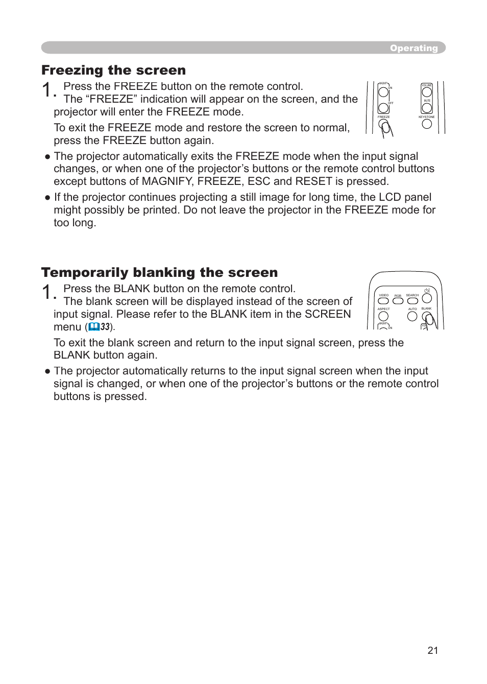 Freezing the screen, Temporarily blanking the screen, Freeze button | Blank button, Operating | Dukane 8914 User Manual | Page 23 / 68