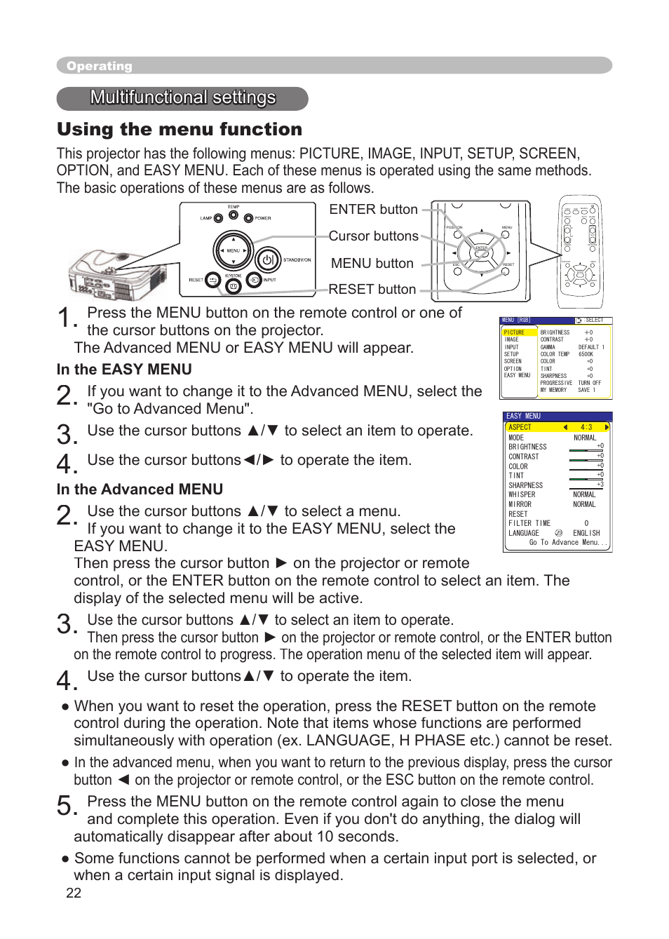 Multifunctional settings, Using the menu function, Esc button | Button, Menu button, Enter button, Multifunctional settings using the menu function, Operating | Dukane 8914 User Manual | Page 24 / 68
