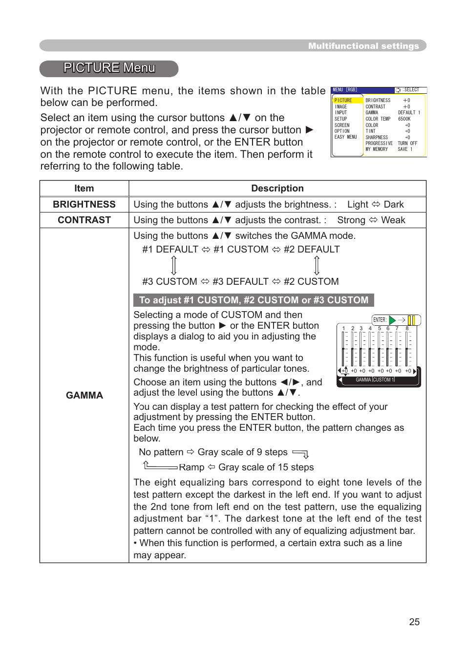 Picture menu, Brightness, contrast, gamma, Color temp, color, tint, sharpness | Progressive, my memory, 25 ) and color, Ramp | Dukane 8914 User Manual | Page 27 / 68