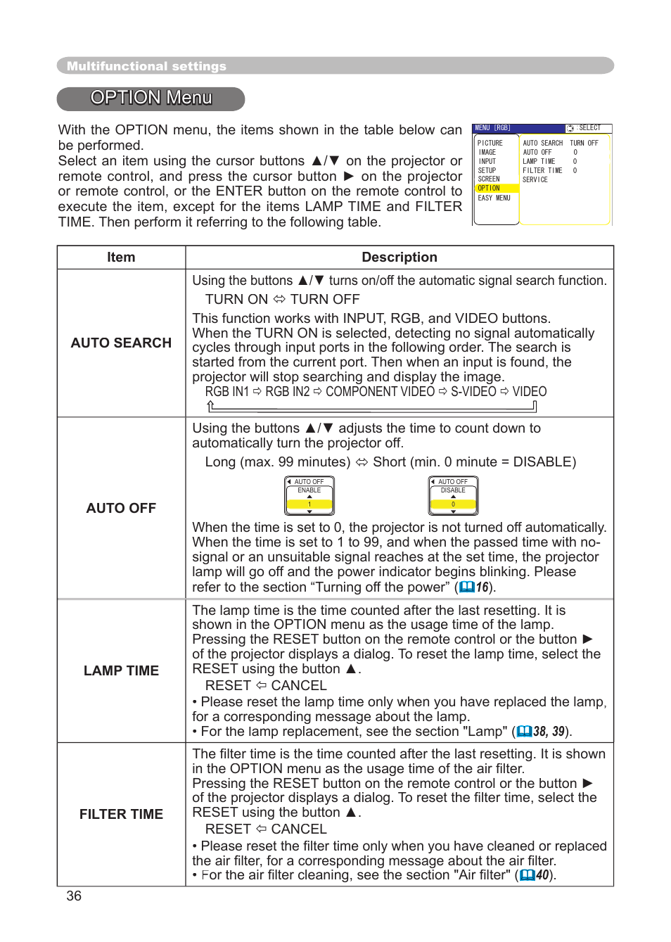 Option menu, Auto, Search, auto off, lamp time | Filter time, service | Dukane 8914 User Manual | Page 38 / 68