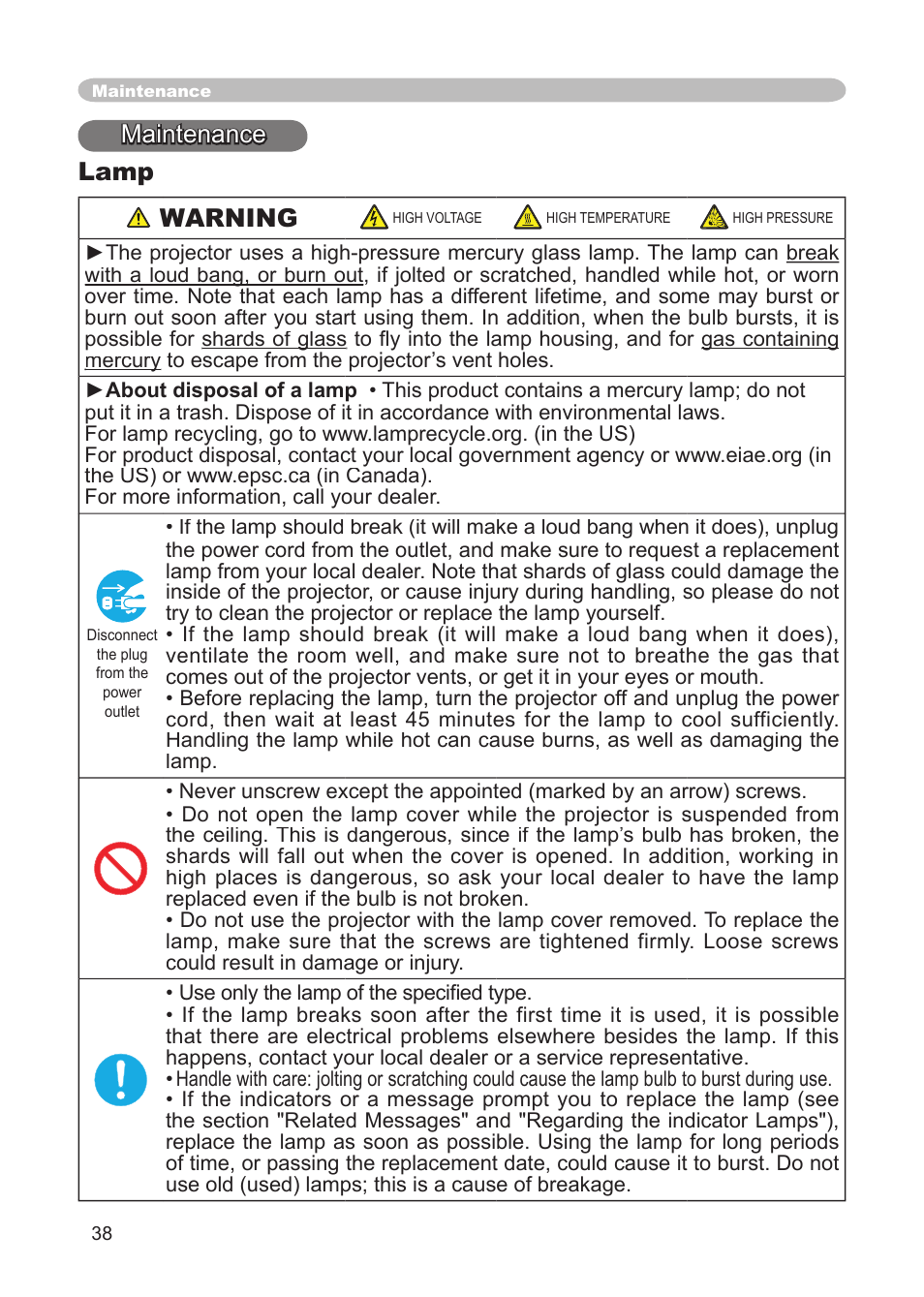 Maintenance, Lamp, Maintenance lamp warning | Dukane 8914 User Manual | Page 40 / 68