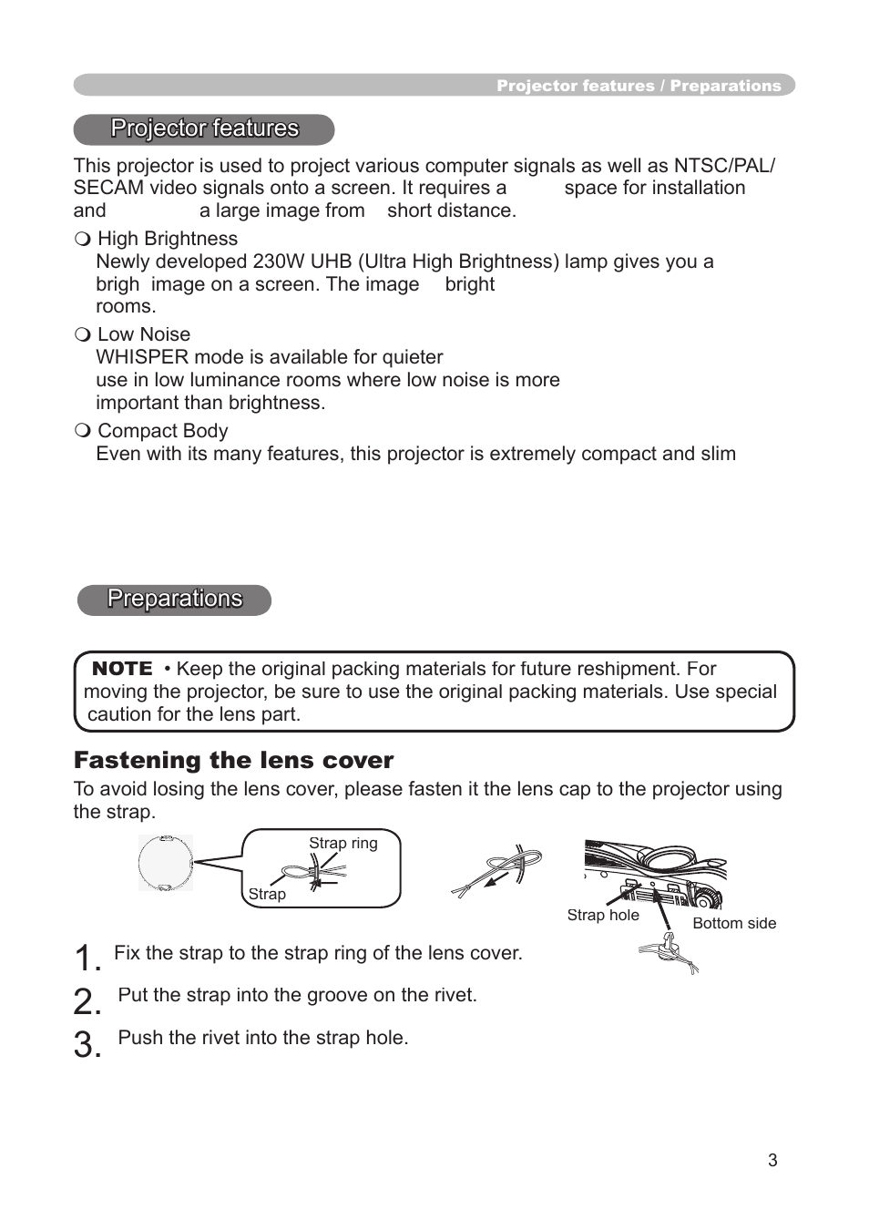 Projector features preparations, About contents of package, Fastening the lens cover | Projector features, Preparations | Dukane 8914 User Manual | Page 5 / 68