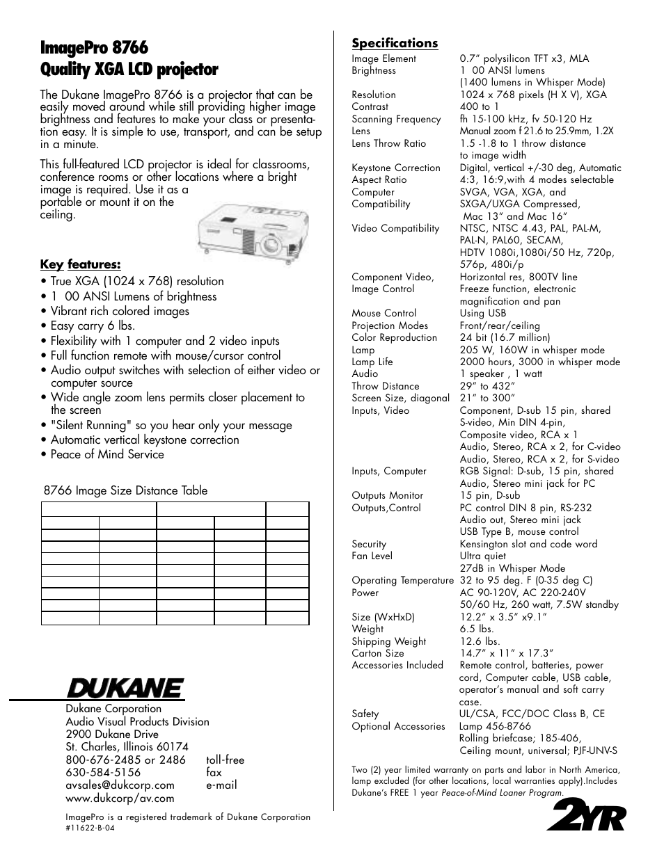 Imagepro 8766 quality xga lcd projector | Dukane 8766 User Manual | Page 2 / 2