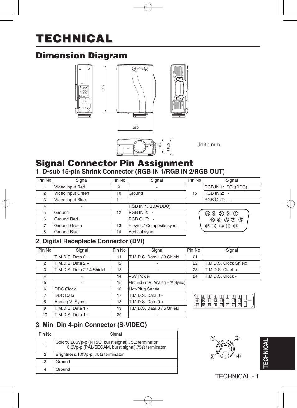 Technical, Dimension diagram, Signal connector pin assignment | Technical - 1, Mini din 4-pin connector (s-video), Digital receptacle connector (dvi), Unit : mm | Dukane 28A9115A User Manual | Page 35 / 50