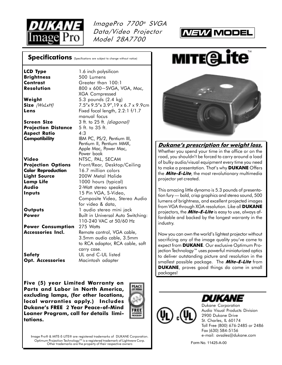 New model, Imagepro 7700, Specifications | Audio visual products | Dukane ImagePro 28A7700 User Manual | Page 2 / 2