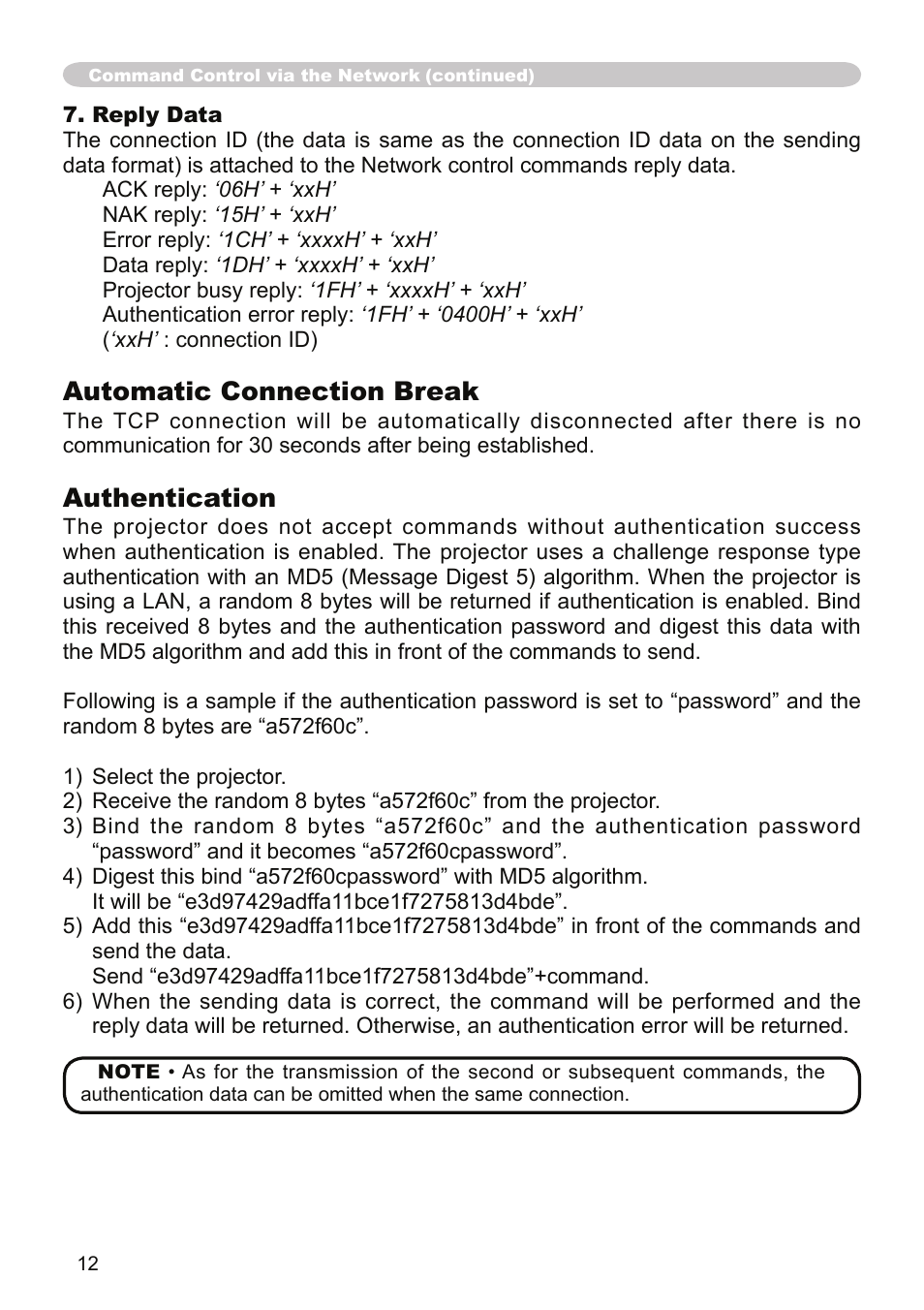 Automatic connection break, Authentication | Dukane Projector 9136 User Manual | Page 12 / 24