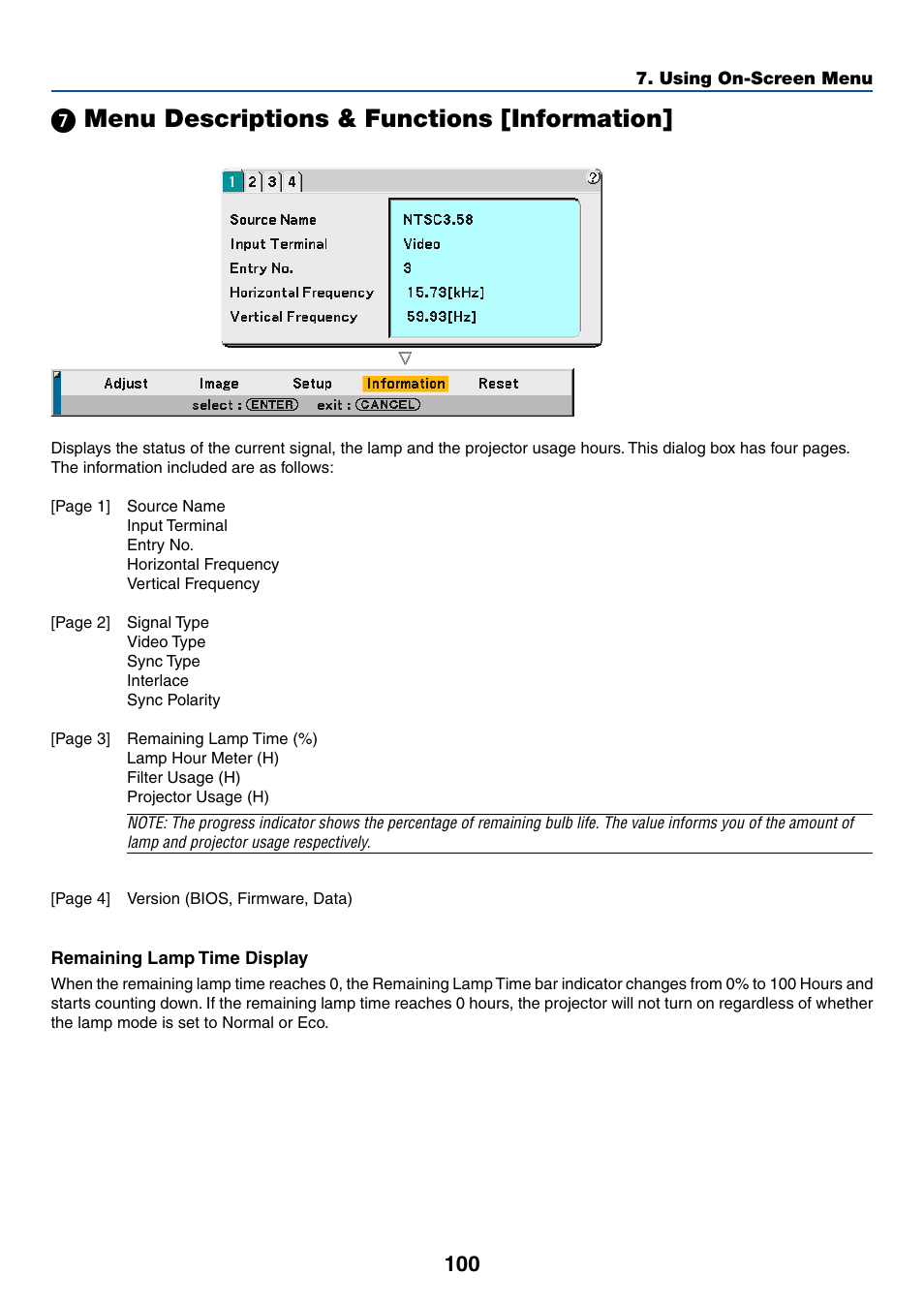 7) menu descriptions & functions [information, ᕧ menu descriptions & functions [information | Dukane 8768 User Manual | Page 100 / 122