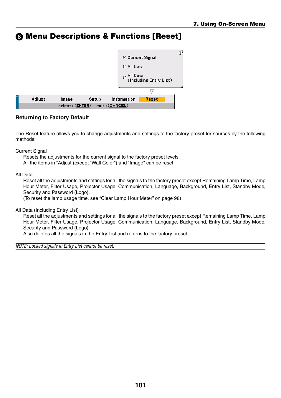 8) menu descriptions & functions [reset, ᕨ menu descriptions & functions [reset | Dukane 8768 User Manual | Page 101 / 122