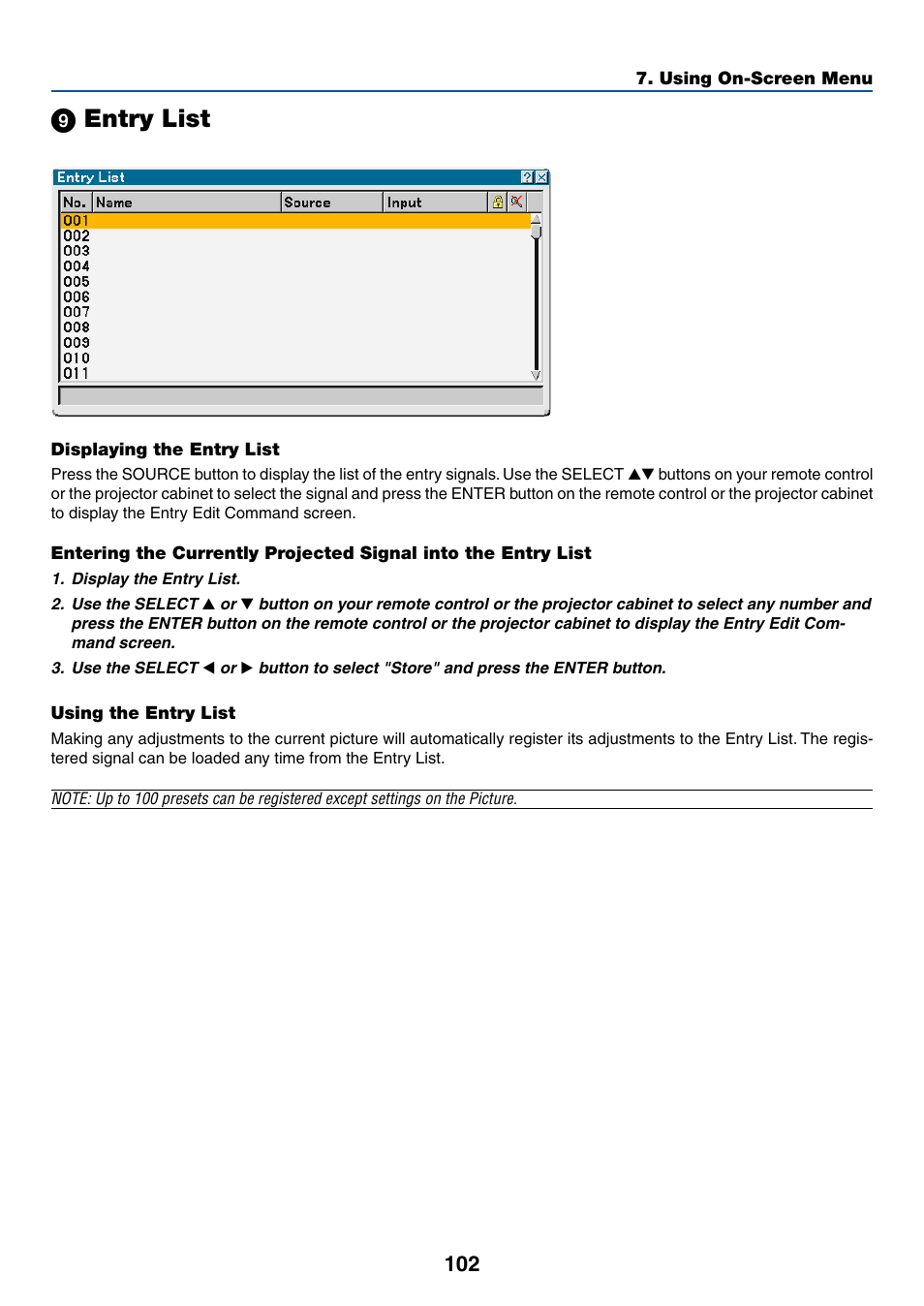 9) entry list, Displaying the entry list, Using the entry list | ᕩ entry list | Dukane 8768 User Manual | Page 102 / 122