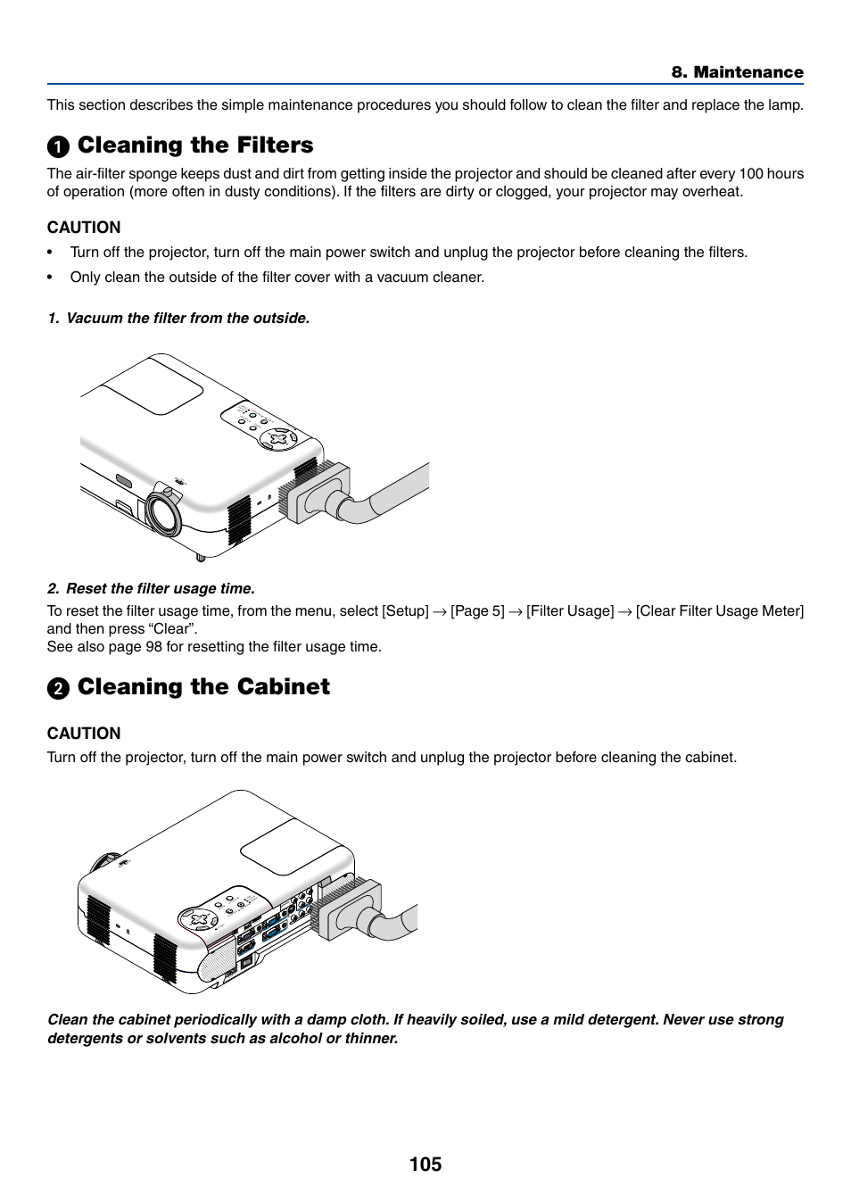 1) cleaning the filters, 2) cleaning the cabinet, ᕡ cleaning the filters | ᕢ cleaning the cabinet, Maintenance, Caution, Zoom foc us, Nc el, Ente, Zoom fo cu s | Dukane 8768 User Manual | Page 105 / 122