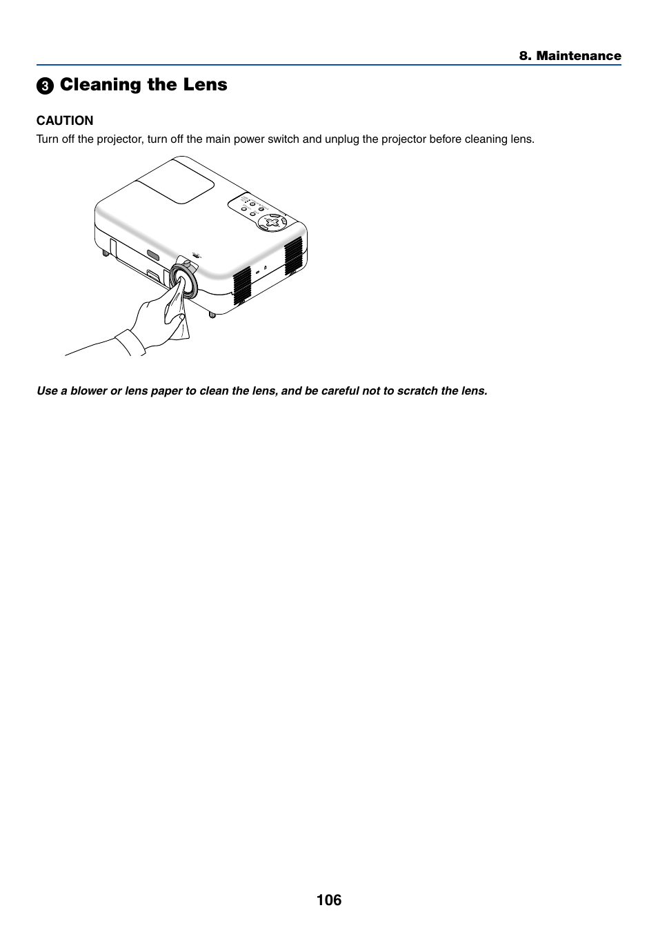 3) cleaning the lens, ᕣ cleaning the lens, Maintenance | Caution, Zoo m focus, Nc el | Dukane 8768 User Manual | Page 106 / 122