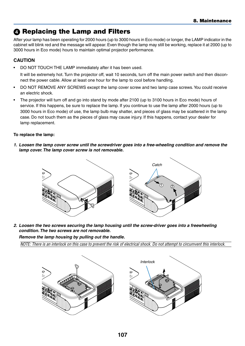 4) replacing the lamp and filters, ᕤ replacing the lamp and filters, Caution | Maintenance, Catch, Interlock | Dukane 8768 User Manual | Page 107 / 122