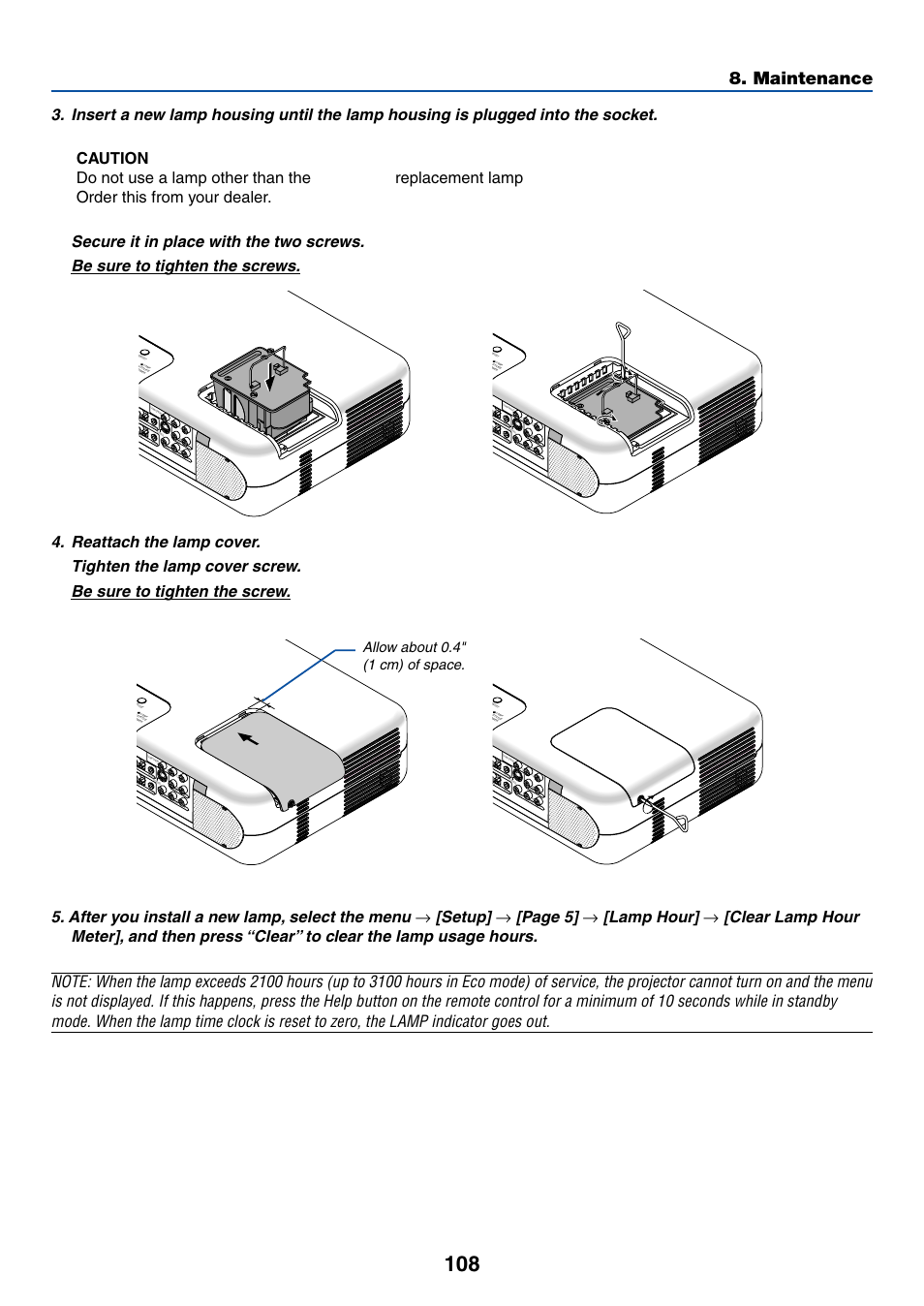 Maintenance, Setup, Page 5 | Lamp hour, Allow about 0.4" (1 cm) of space | Dukane 8768 User Manual | Page 108 / 122